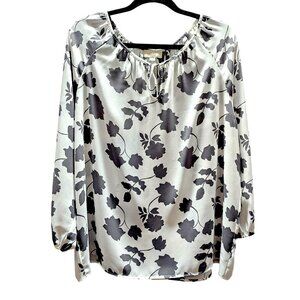 LOFT Floral Peasant Blouse White Long-Sleeved Gray Floral Pattern Tie Neck